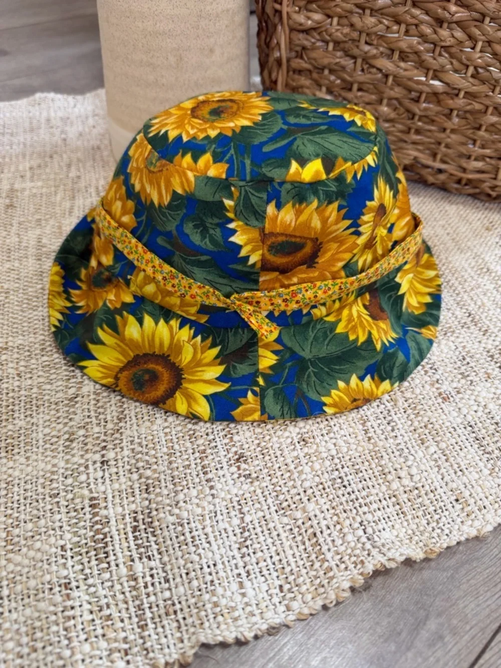 Vintage 90s Baby Toddler Girl Hat Sunflower Print Bucket Hat ADORABLE